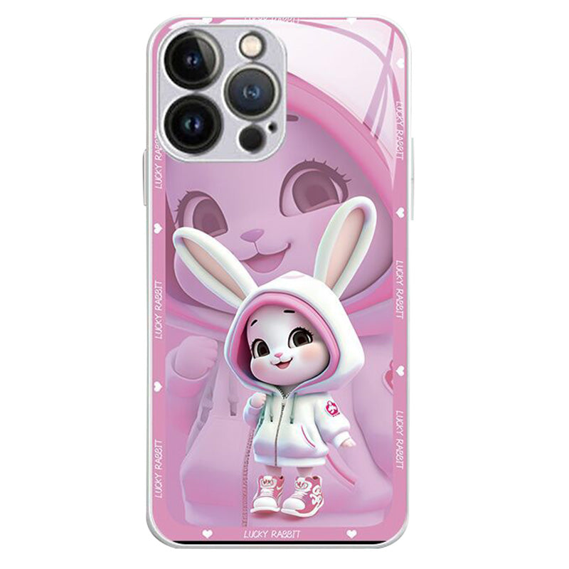 For iPhone 12 Pro 6.1 inch Shockproof Rabbit Pattern Printing Phone Case Hard Tempered Glass+TPU Smartphone Cover - Purple For iPhone 12 Pro 6.1 inch Shockproof Rabbit Pattern Printing Phone Case Hard Tempered Glass+TPU Smartphone Cover - Purple